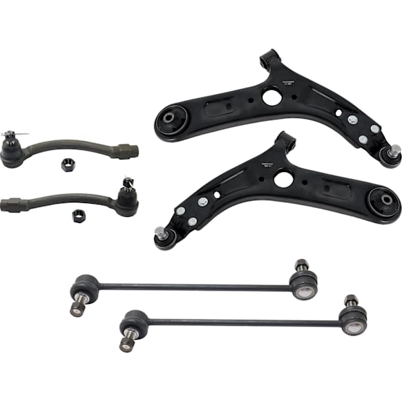 6-Piece Kit Front, Passenger Side, Outer, Driver Side, Lower Control Arm, Includes (2) Control Arm, (2) Sway Bar Link, and (2) Tie Rod End	