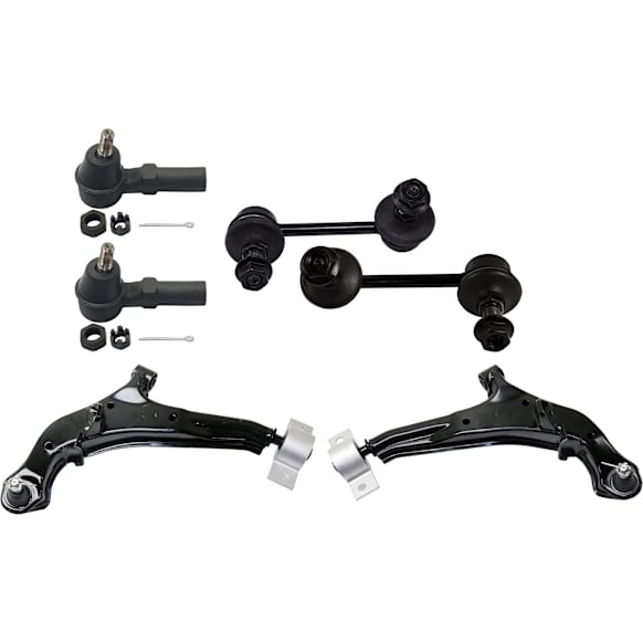 6-Piece Kit Front, Driver and Passenger Side, Inner and Outer, Lower, Front To End Control Arm, includes (2) Control Arm, (2) Sway Bar Link, and (2) Tie Rod End