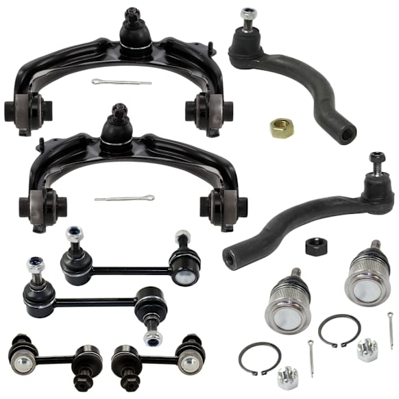 10-Piece Kit Front, Driver and Passenger Side, Inner and Outer, Lower, Front To End Control Arm, includes (2) Ball Joint, (2) Control Arm, (4) Sway Bar Link, and (2) Tie Rod End