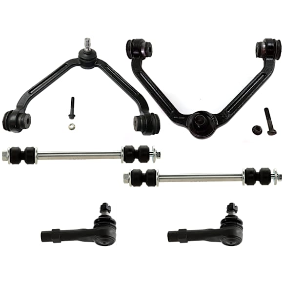 6-Piece Kit Front, Driver and Passenger Side, Upper, Outer Control Arm, Includes (2) Control Arm, (2) Tie Rod End and (2) Sway Bar Link