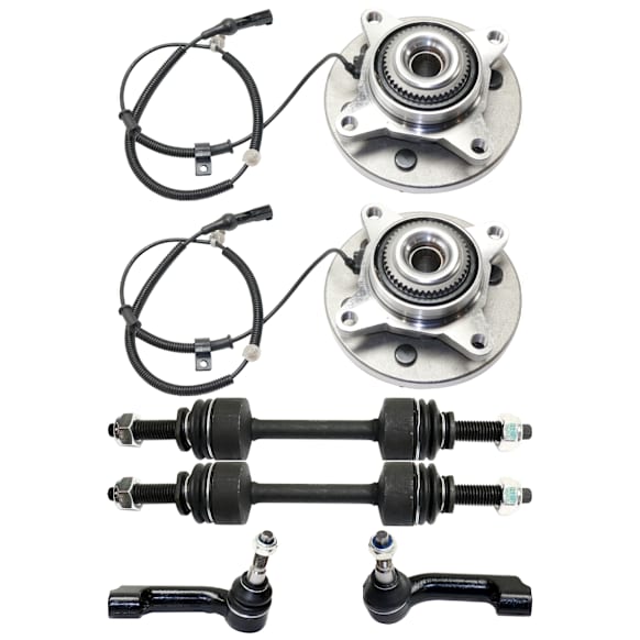2-Wheel Set Front, Driver and Passenger Side, Outer Wheel Hub, 6 Lugs, With Bearing, With Sensor, 4WD, Includes (2) Tie Rod End, (2) Sway Bar Link and (2) Wheel Hub
