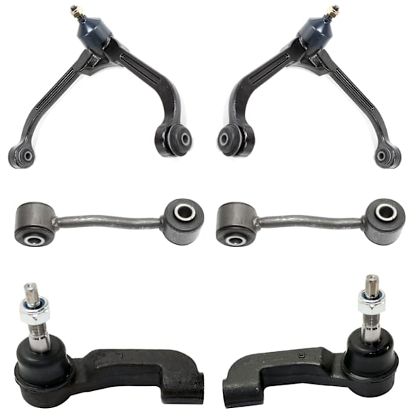 6-Piece Kit Front, Driver and Passenger Side, Upper, Outer Control Arm, includes (2) Control Arm, (2) Sway Bar Link, and (2) Tie Rod End