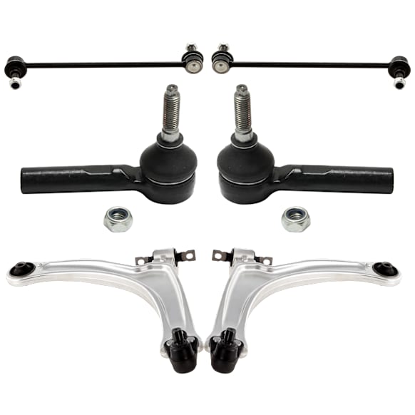 6-Piece Kit Front, Driver and Passenger Side, Outer, Lower Control Arm, includes (2) Control Arm, (2) Sway Bar Link, and (2) Tie Rod End