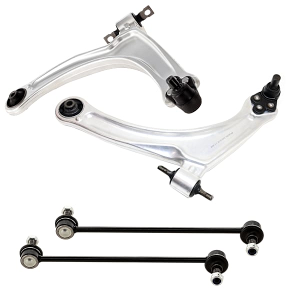 4-Piece Kit Front, Driver and Passenger Side, Lower Control Arm, includes (2) Control Arm and (2) Sway Bar Link