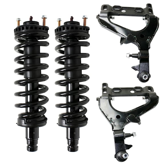 4-Piece Kit Front, Driver and Passenger Side, Outer, Lower Control Arm, includes (2) Control Arm and (2) Loaded Strut