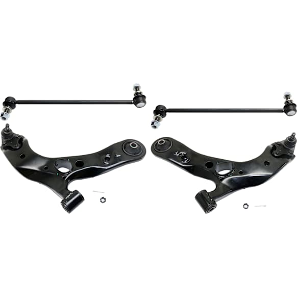 4-Piece Kit Front, Driver and Passenger Side, Lower Control Arm, includes (2) Control Arm and (2) Sway Bar Link