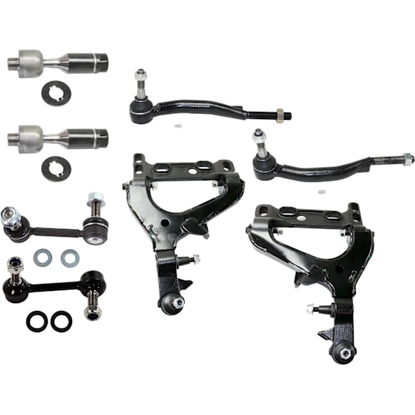 8-Piece Kit Front, Driver and Passenger Side, Inner and Outer, Lower Control Arm, includes (2) Control Arm, (2) Sway Bar Link, and (4) Tie Rod End