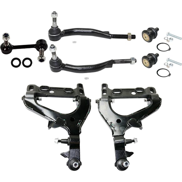 8-Piece Kit Front, Driver and Passenger Side, Upper and Lower, Inner and Outer Control Arm, includes (1) Ball Joint, (2) Control Arm, (2) Sway Bar Link and (2) Tie Rod End