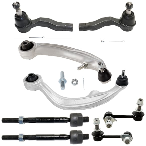 8-Piece Kit Front, Driver and Passenger Side, Inner and Outer, Lower, Rearward Control Arm, includes (2) Control Arm, (2) Sway Bar Link, and (4) Tie Rod End