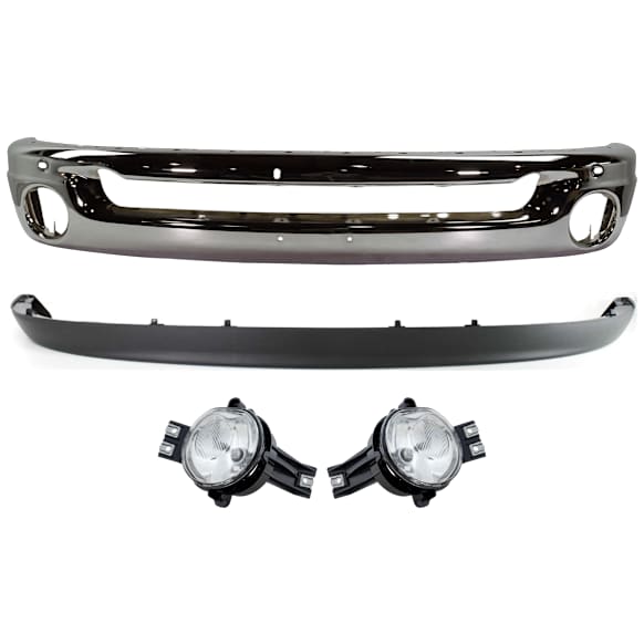 4-Piece Kit, Front Bumper, Chrome, Includes (1) Bumper, (2) Fog Light, and (1) Valance