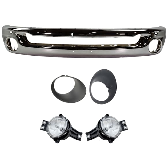 5-Piece Kit, Front Bumper, Chrome, Includes (1) Bumper, (2) Fog Light, and (2) Fog Light Trim