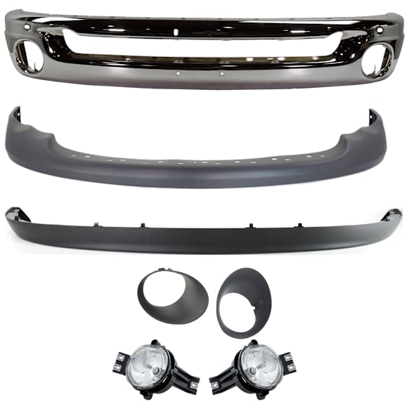 7-Piece Kit, Front Bumper, Chrome, Includes (1) Bumper, (2) Fog Light, (2) Fog Light Trim, and (2) Valance