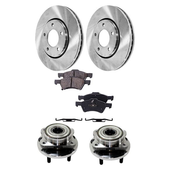 2-Wheel Set Front, Driver and Passenger Side Wheel Hub, 5 Lugs, With Bearing, includes (2) Brake Disc, (1) Brake Pad Set, and (2) Wheel Hub