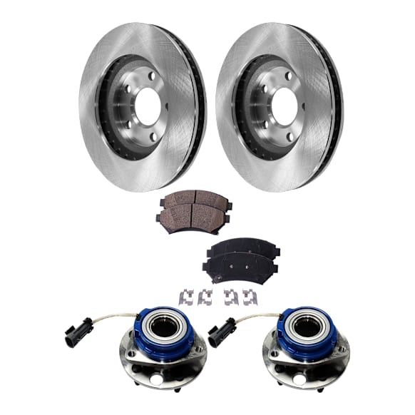 2-Wheel Set Front, Driver and Passenger Side Wheel Hub, 5 Lugs, With Bearing, With Sensor, includes (2) Brake Disc, (1) Brake Pad Set, and (2) Wheel Hub