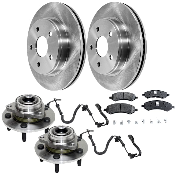 2-Wheel Set Front Wheel Hub, 5 Lugs, With Bearing, With Sensor, Includes (2) Wheel Hub, (1) Brake Pad Set and (2) Brake Disc