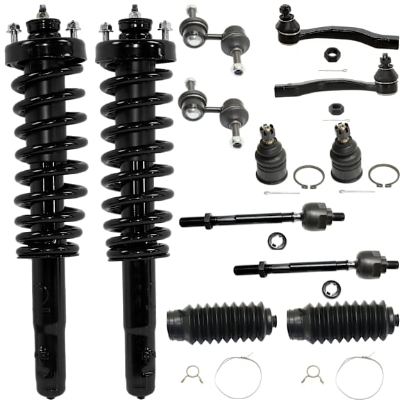 12-Piece Kit Front, Driver and Passenger Side Fully Loaded Strut, Includes (2) Steering Rack Boot, (4) Tie Rod End, (2) Sway Bar Link, (2) Ball Joint and (2) Shock Absorber and Strut Assembly