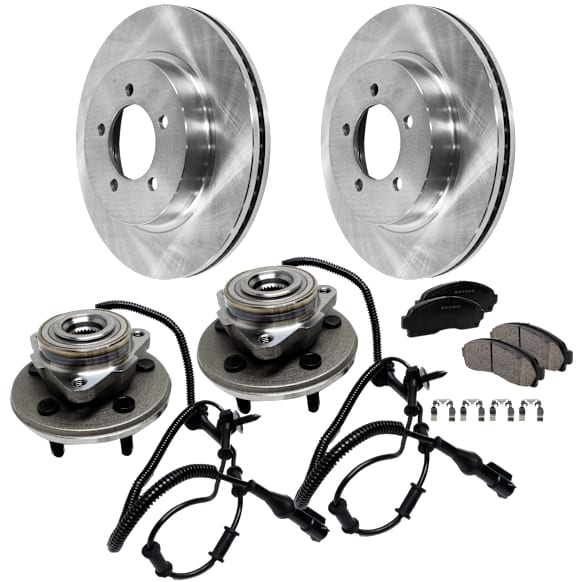 2-Wheel Set Front, Driver and Passenger Side Wheel Hub, 5 Lugs, With Bearing, With Sensor, includes (2) Brake Disc, (1) Brake Pad Set, and (2) Wheel Hub