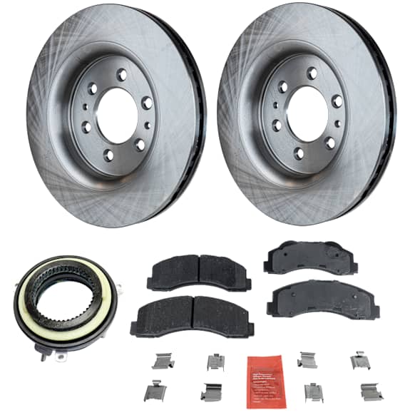 2-Wheel Set Front Brake Kit, Plain Surface, 6 Lugs, 350.01 mm, Ceramic, Includes (1) 4WD Actuator, (2) Brake Disc, and (1) Brake Pad Set