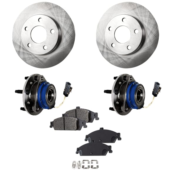 2-Wheel Set Front, Driver and Passenger Side Wheel Hub, 5 Lugs, With Bearing, With Sensor, FWD, includes (2) Brake Disc, (1) Brake Pad Set, and (2) Wheel Hub