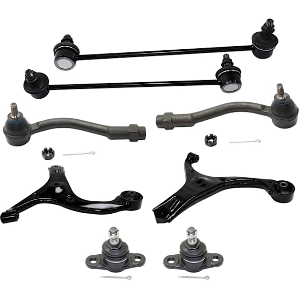 8-Piece Kit Front, Driver and Passenger Side, Lower Control Arm, includes (2)Ball Joint, (2)Control Arm, (2)Sway Bar Link and (2)Tie Rod End