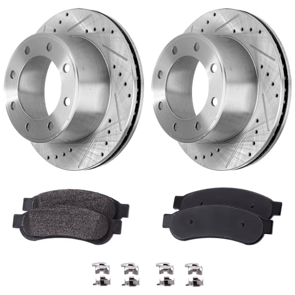 2-Wheel Set Rear Brake Disc and Pad Kit, Cross-drilled and Slotted 8 Lugs 340 mm, Includes (1) Brake Pad Set and (2) Brake Disc