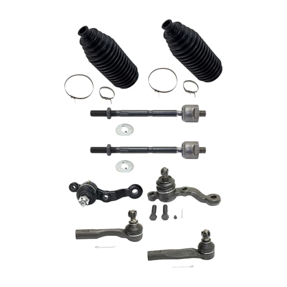 8-Piece Kit Front, Driver and Passenger Side, Lower Ball Joint, includes (4)Tie Rod End, (2)Ball Joint and (2)Steering Rack Boot