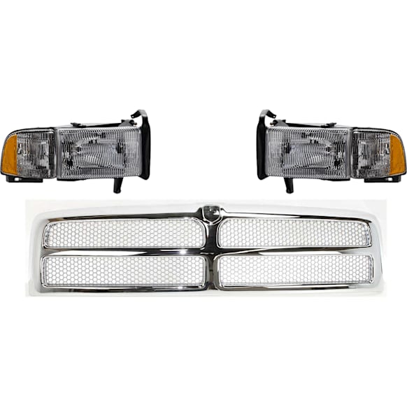 1994 Dodge Ram 1500 - 3-Piece Kit Grille, Chrome Shell with Painted Silver Insert, Standard Cab Pickup, Includes (1) Grille Assembly and (2) Headlight