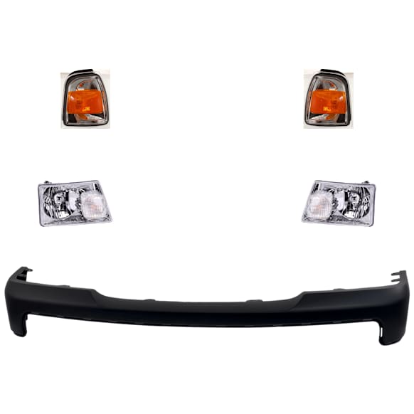 5-Piece Kit, Front Primed Bumper Cover, Includes (1) Bumper Cover, (2) Corner Light, and (2) Headlight