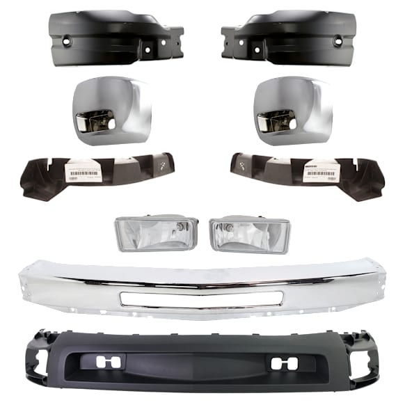 2008 Chevrolet Silverado 2500 HD - 9-Piece Kit Front Bumper, Chrome, Includes (1) Bumper, (2) Bumper Bracket, (4) Bumper End, (2) Fog Light, and (1) Valance