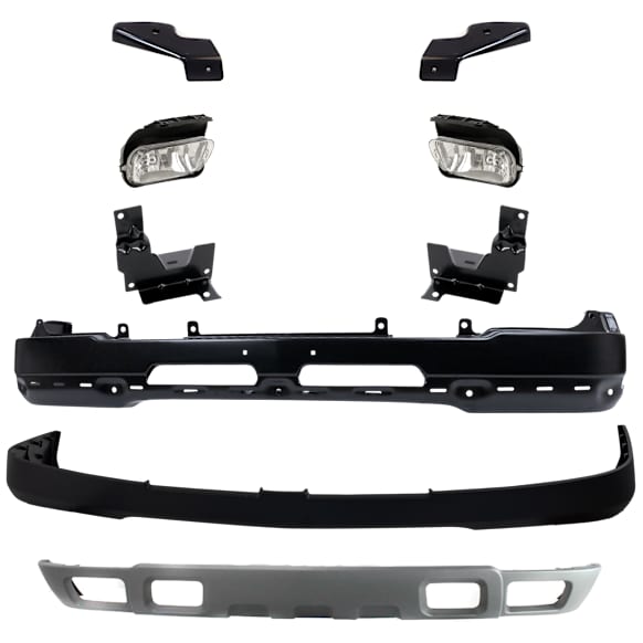 2003-2004 Chevrolet Silverado 2500 HD - 9-Piece Kit, Front Bumper, Paint to Match, For Models with Tow Hook, includes (1) Bumper, (4) Bumper Bracket, (1) Bumper Cover, (2) Fog Light, and (1) Valance