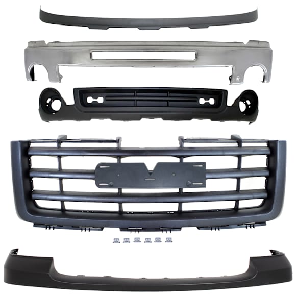 5-Piece Kit Front Bumper Chrome, Includes (1) Bumper Cover, (1) Bumper, (2) Valance and (1) Grille Assembly