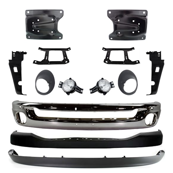 13-Piece Kit Front Bumper, Chrome, Includes (1) Bumper, (6) Bumper Bracket, (1) Bumper Cover, (2) Fog Light, (2) Fog Light Trim, and (1) Valance