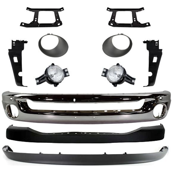 2007 Dodge Ram 1500 SLT - 11-Piece Kit Front Bumper, For Models With Bumper and Upper Fascia, Chrome, Includes (1) Bumper, (4) Bumper Bracket, (1) Bumper Cover, (2) Fog Light, (2) Fog Light Trim, and (1) Valance
