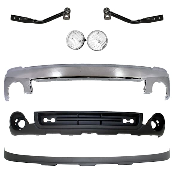 6-Piece Kit Front Bumper Chrome, Includes (1) Bumper, (1) Fog Light, (2) Valance and (2) Bumper Bracket