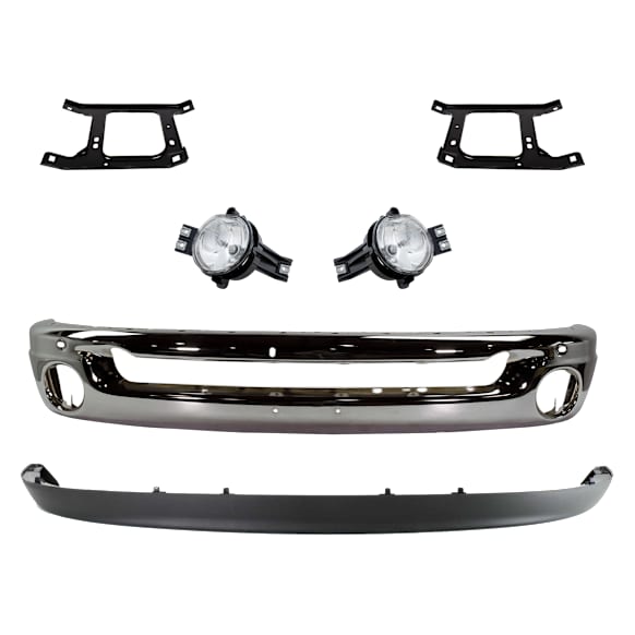 6-Piece Kit Front Bumper, Chrome, Includes (1) Bumper, (2) Bumper Bracket, (2) Fog Light, and (1) Valance