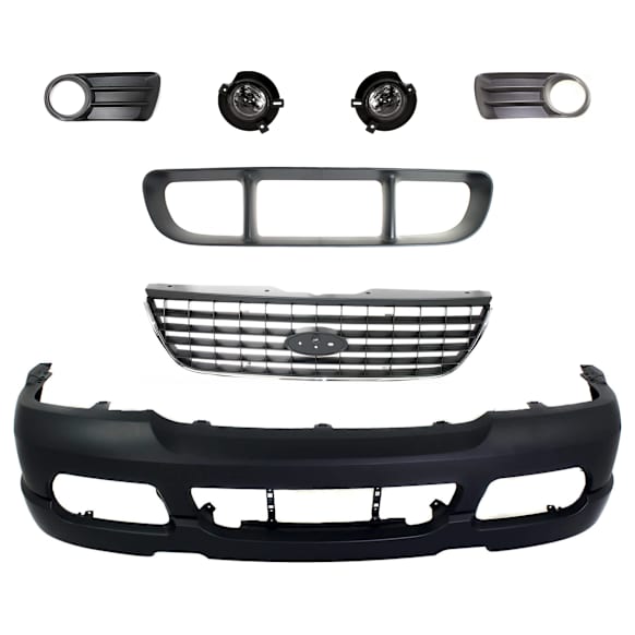 6-Piece Kit Front Primed Bumper Cover, Includes (1) Bumper Cover, (1) Bumper Grille, (1) Fog Light, (2) Fog Light Trim, and (1) Grille Assembly