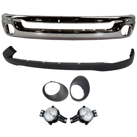 6-Piece Kit Front Bumper, Chrome, Includes (1) Bumper, (1) Bumper Cover, (2) Fog Light, and (2) Fog Light Trim