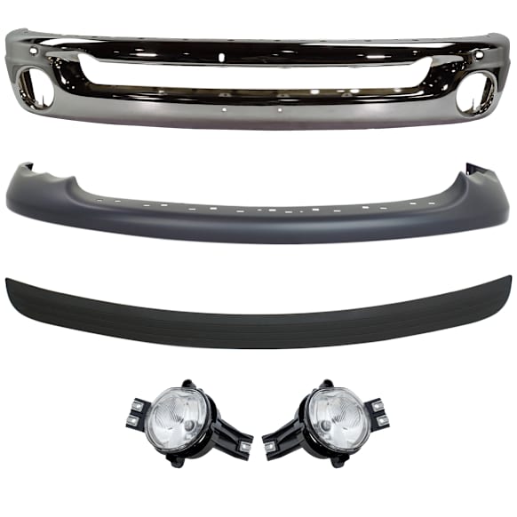 2002-2005 Dodge Ram 1500 - 5-Piece Kit, Front Bumper, Chrome, Includes (1) Bumper, (1) Bumper Trim, (2) Fog Light, and (1) Valance