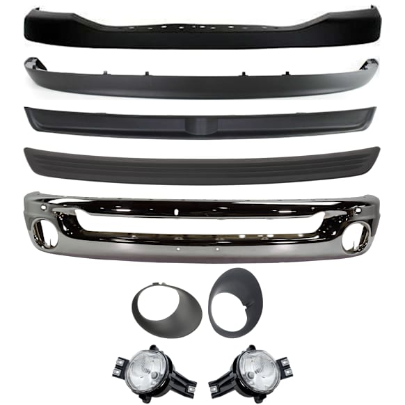 9-Piece Kit, Front Bumper, Chrome, Includes (1) Bumper, (1) Bumper Cover, (2) Bumper Trim, (2) Fog Light, (2) Fog Light Trim, and (1) Valance