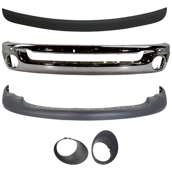 2002 Dodge Ram 1500 - 5-Piece Kit Front Bumper, New Body Style, For Models With Bumper and Upper Fascia, Chrome, Includes (1) Bumper, (1) Bumper Trim, (2) Fog Light Trim, and (1) Valance