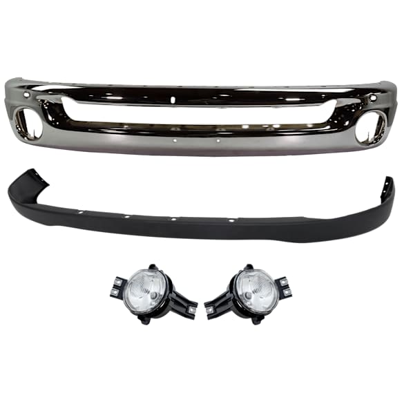 4-Piece Kit Front Bumper, Chrome, Includes (1) Bumper, (1) Bumper Cover, and (2) Fog Light