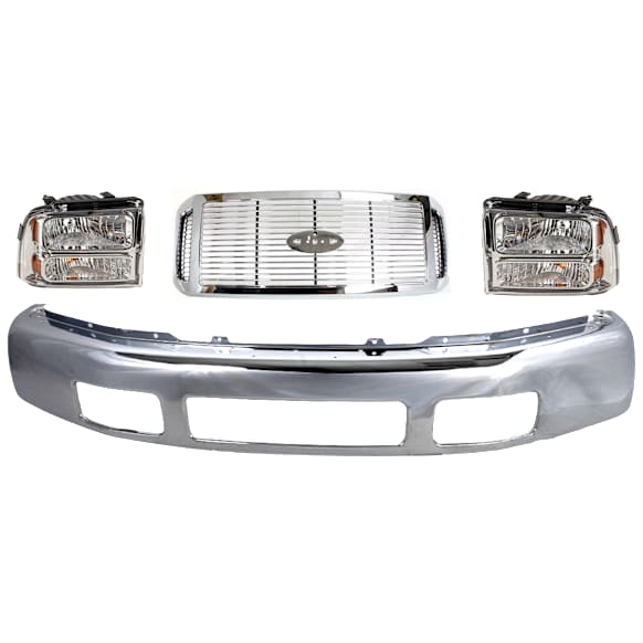 4-Piece Kit, Front Bumper, For Models Without Fender Flare Holes, Chrome, Includes (1) Bumper, (1) Grille Assembly, and (2) Headlight