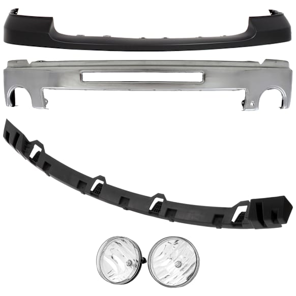 4-Piece Kit Front Bumper Chrome, Includes (1) Bumper, (1) Bumper Cover, (1) Fog Light and (1) Bumper Bracket