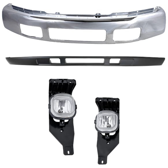 2005 Ford F-350 Super Duty Lariat - 3-Piece Kit Front Bumper, For Models Without Fender Flare Holes, Chrome, Includes (1) Bumper, (1) Fog Light and (1) Valance