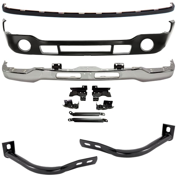 5-Piece Kit, Front Bumper, Chrome, Includes (1) Bumper, (2) Bumper Bracket, (1) Bumper Cover, and (1) Valance