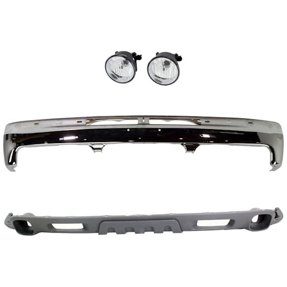 3-Piece Kit Front, Driver and Passenger Side Bumper Chrome, Includes (1) Fog Light, (1) Valance and (1) Bumper