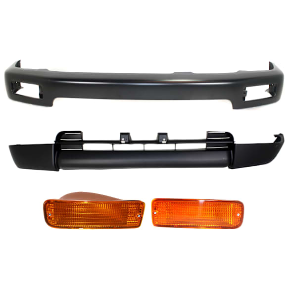 4-Piece Kit, Front, Driver and Passenger Side Bumper, Sport Utility, Painted Black, Includes (1) Bumper, (2) Turn Signal Light, and (1) Valance