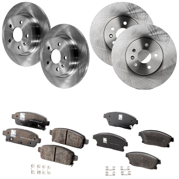 4-Wheel Set Front and Rear Brake Disc and Pad Kit, Plain Surface 5 Lugs Front-299.97 mm/Rear-267.97 mm Front-Semi-Metallic/Rear-Ceramic Pro-Line Series, Includes (4) Disc and (2) Pad Set