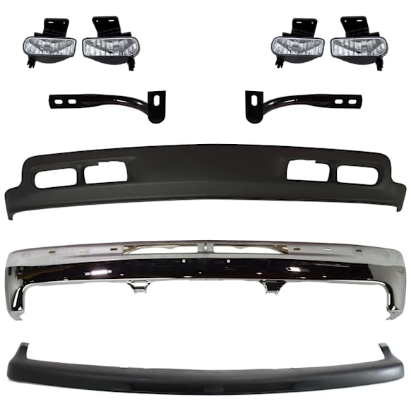 2002 Chevrolet Silverado 1500 - 6-Piece Kit Front Bumper, Chrome, Extended Cab Pickup, Includes (1) Bumper, (2) Bumper Bracket, (1) Bumper Trim, (2) Fog Light, and (1) Valance