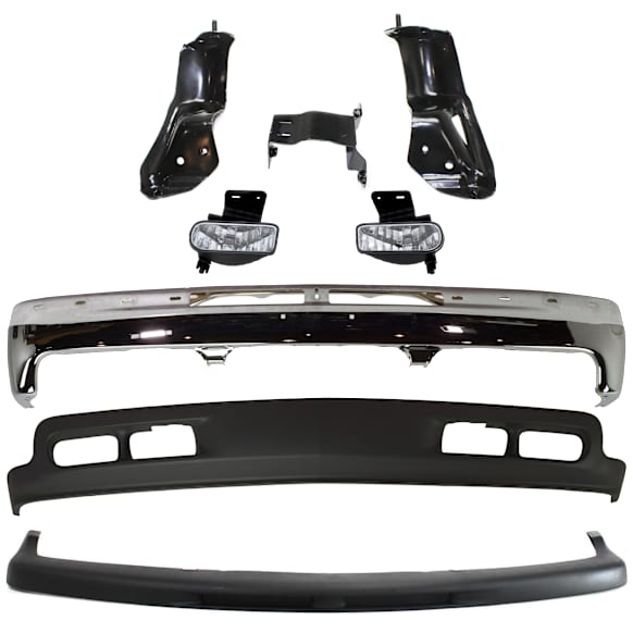 2000 Chevrolet Silverado 1500 Base - 5-Piece Kit Front Bumper, RWD, Chrome, Includes (1) Bumper, (3) Bumper Bracket, (1) Bumper Trim, (2) Fog Light, and (1) Valance